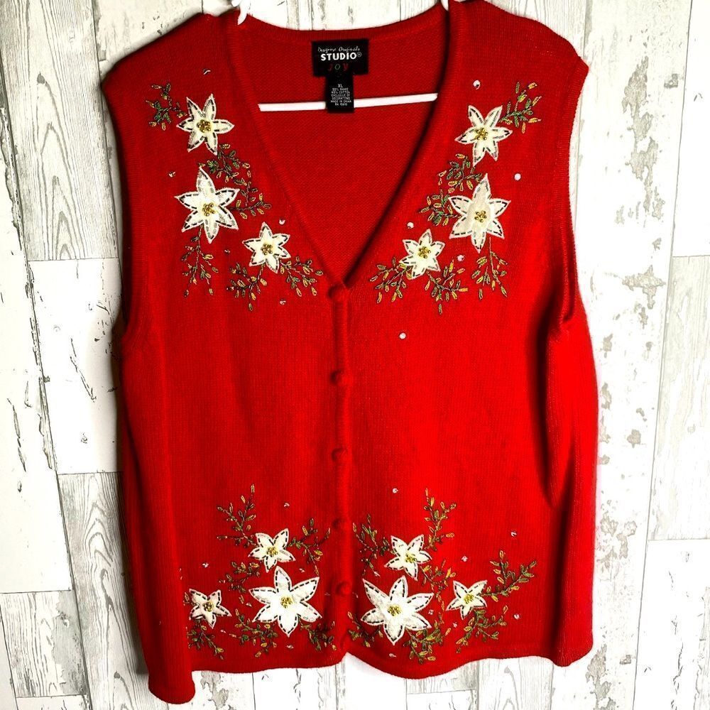 Christmas Sweater Vest Designers Originals Studio Joy Red Womens XL Button Up